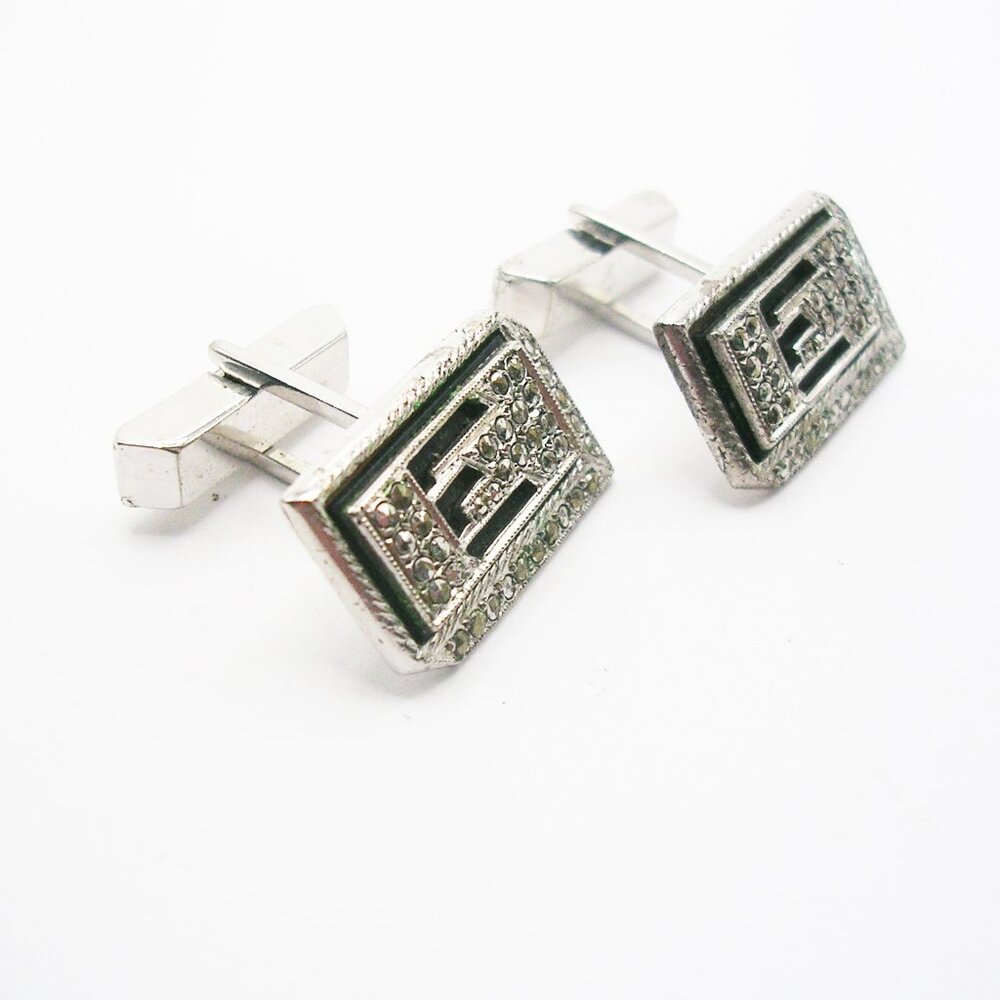 Sterling Silver Initial E Cuff Links Marcasite Ge… - image 2